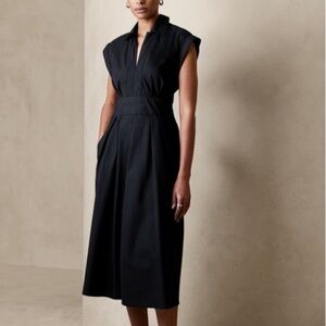 Worn 2x - Band Waist Poplin Midi Dress - Black